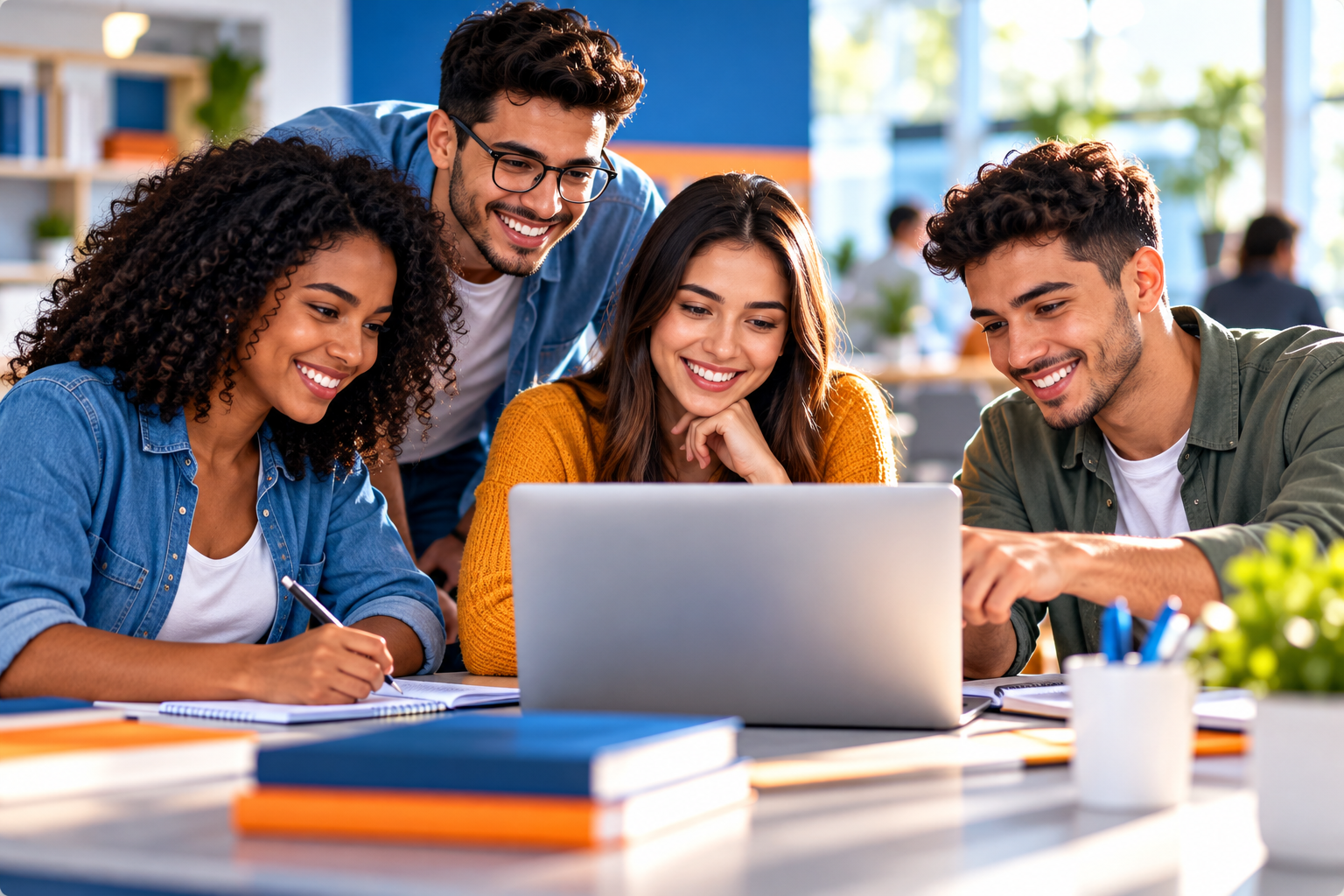 Grupo de estudantes compartilhando conhecimentos e colaborando em um computador.